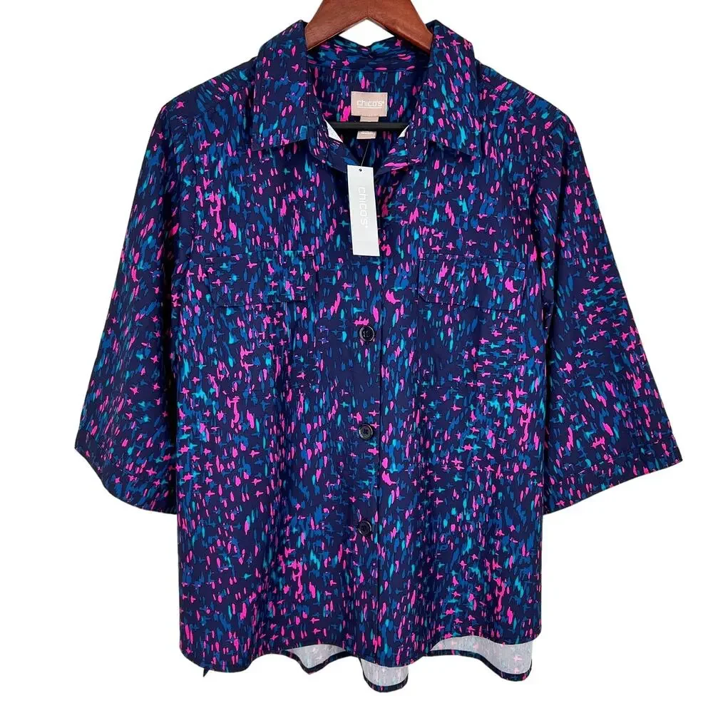 NEW NWT Chicos Sz LARGE 2 Blue Pink 3/4 Sleeve Summer Button Up Shirt Top Mature - Picture 1 of 9